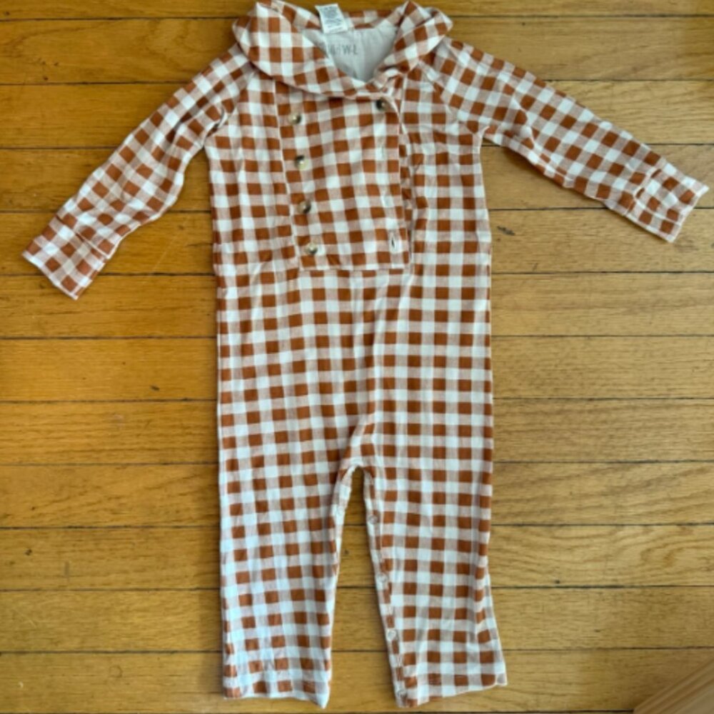 Kate Quinn shawl collar gingham jumpsuit 12-18m